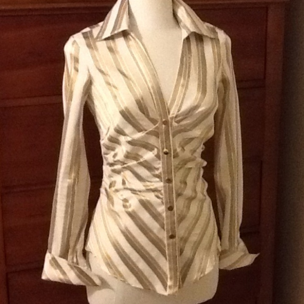 Cache Beige and White Striped Blouse